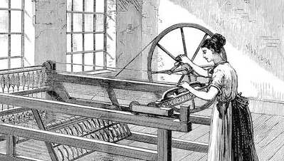 1733年,机械师约翰·凯伊首先发明飞梭,提高织布效率一倍,英国工业